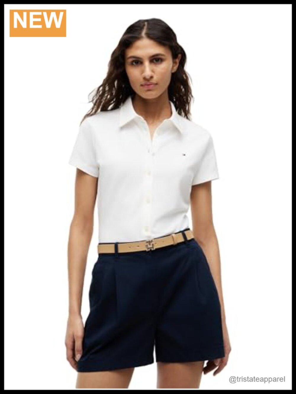 Cotton Pique Short Sleeve Button Down Shirt Slim Fit Stretch Women's